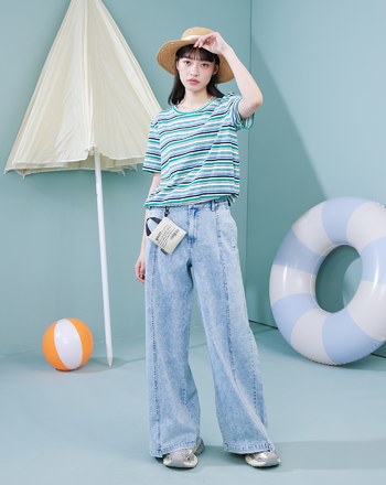 夏日繽紛條紋鬆緊下擺T恤(兩色)