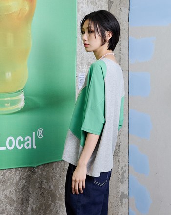 ➤不對稱撞色拼接連袖T恤(兩色)