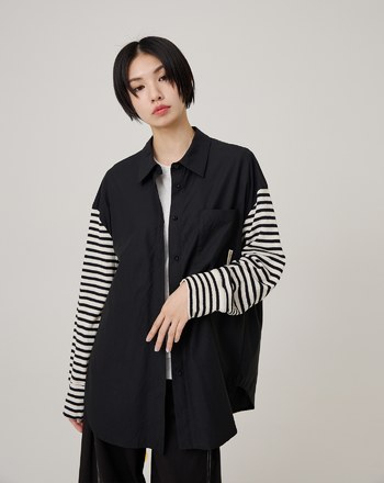 天絲棉針織條紋拼袖涼感襯衫(兩色)