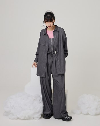 不對稱下擺柔軟仿牛仔襯衫(兩色)