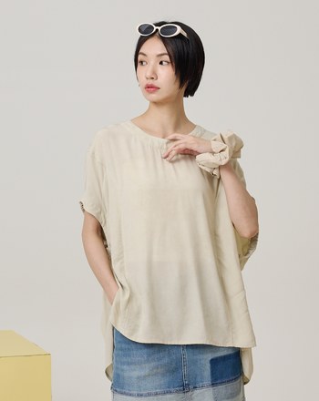 水洗風涼感竹纖維抽皺連袖上衣(淺卡其)