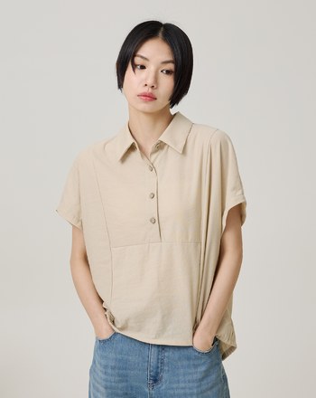 鬆緊下擺半開襟連袖短袖襯衫(兩色)