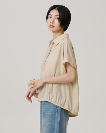 鬆緊下擺半開襟連袖短袖襯衫(兩色)