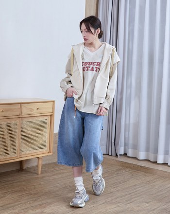 造型帽繩落肩連帽背心(兩色)