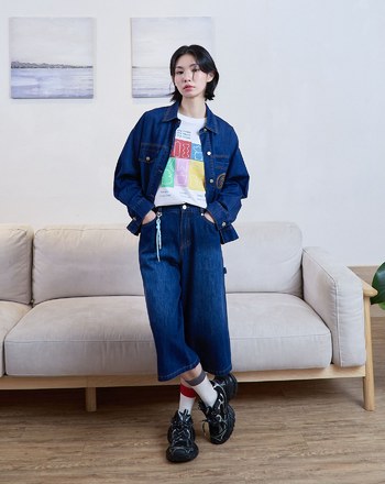 g字繡花落肩彈力牛仔襯衫(兩色)