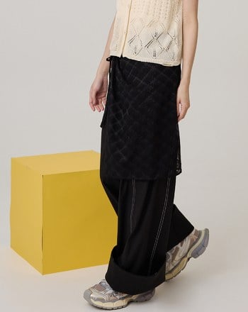 好比例配色線大反摺落地寬褲(兩色)