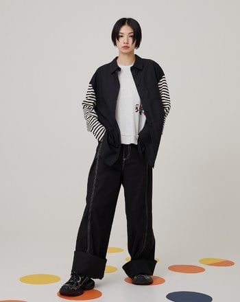 好比例配色線大反摺落地寬褲(兩色)