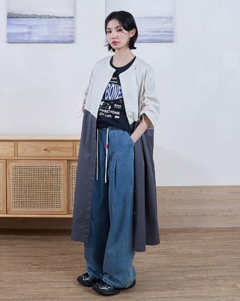 拼色抽繩袖造型直筒洋裝(兩色)