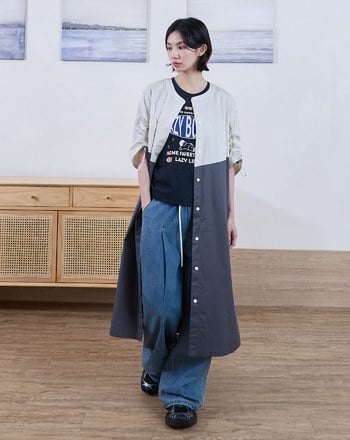 拼色抽繩袖造型直筒洋裝(兩色)