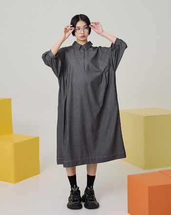 澎澎袖半開襟柔軟仿牛仔洋裝(兩色)