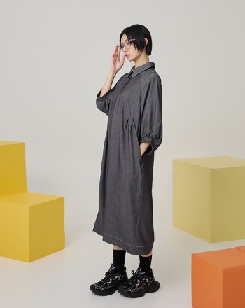 澎澎袖半開襟柔軟仿牛仔洋裝(兩色)