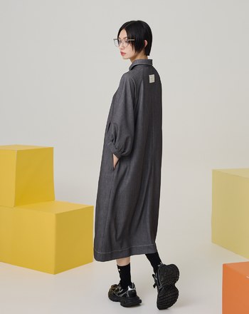 澎澎袖半開襟柔軟仿牛仔洋裝(兩色)