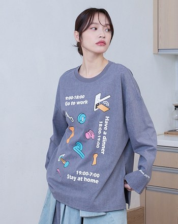 特殊蠟洗門鎖印花寬版長袖T恤(兩色)