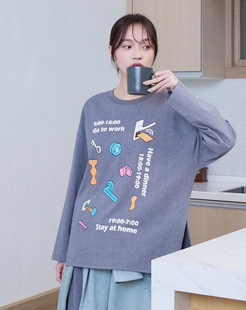 特殊蠟洗門鎖印花寬版長袖T恤(兩色)