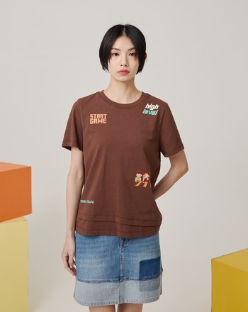 電玩小人過馬路斜下擺純棉T恤(三色)