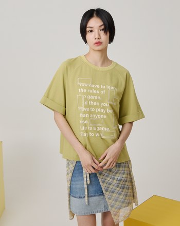 標語繡花紋理拉克蘭袖涼感T恤(兩色)