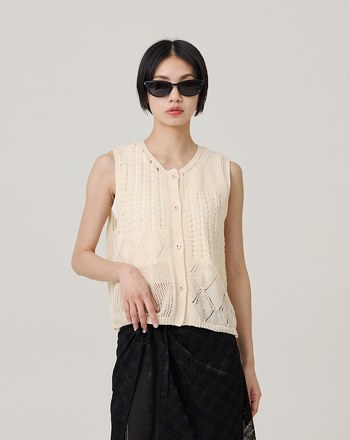 仿麻鏤空開襟針織背心(兩色)