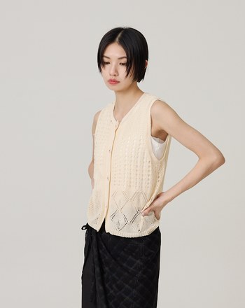仿麻鏤空開襟針織背心(兩色)