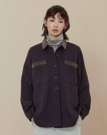 異材質配色拼接條絨襯衫外套(兩色)