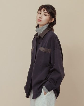 異材質配色拼接條絨襯衫外套(兩色)