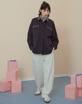 異材質配色拼接條絨襯衫外套(兩色)