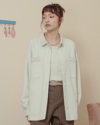 異材質配色拼接條絨襯衫外套(兩色)