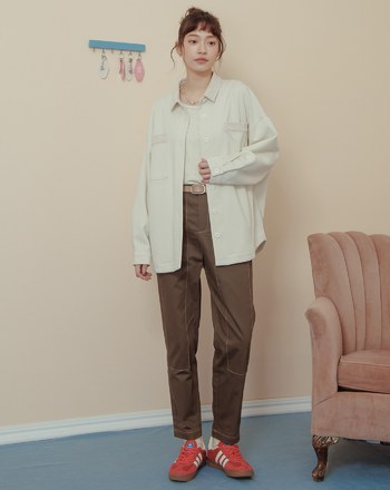 異材質配色拼接條絨襯衫外套(兩色)