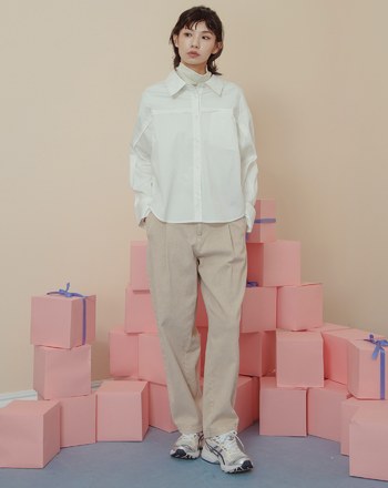 抗皺造型剪接背後打褶長袖襯衫(兩色)