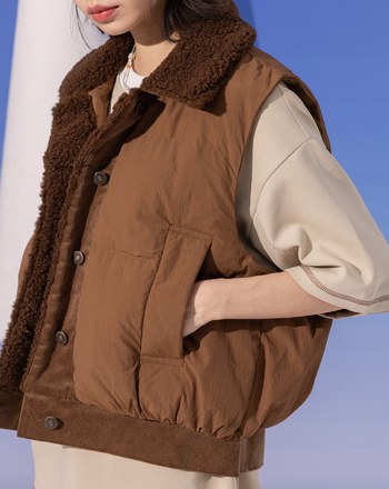 仿羊毛領條絨拼接鋪棉背心(兩色)