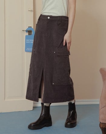 燈芯絨拼接造型口袋開衩長裙(兩色)