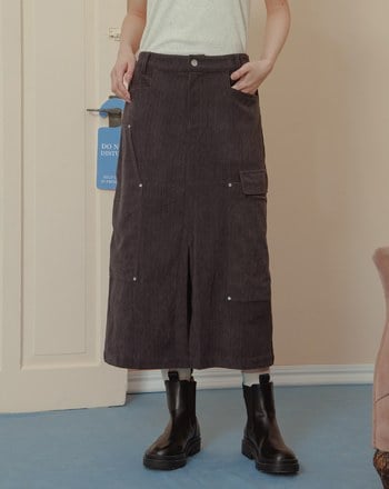 燈芯絨拼接造型口袋開衩長裙(兩色)