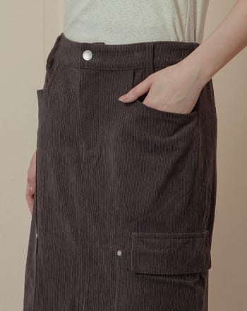 燈芯絨拼接造型口袋開衩長裙(兩色)