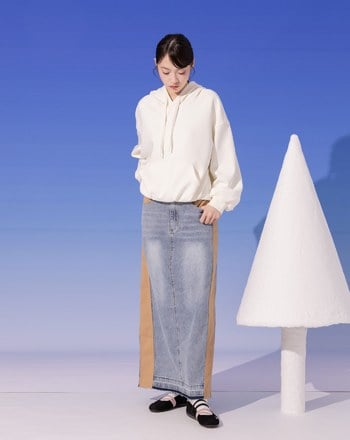 A｜顯瘦異材質拼接水洗牛仔長裙(兩色)