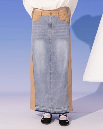 A｜顯瘦異材質拼接水洗牛仔長裙(兩色)