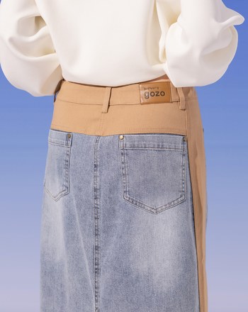 A｜顯瘦異材質拼接水洗牛仔長裙(兩色)