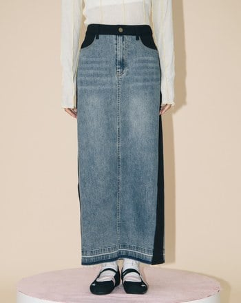 A｜顯瘦異材質拼接水洗牛仔長裙(兩色)