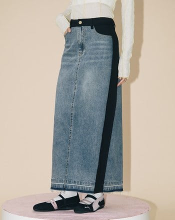 A｜顯瘦異材質拼接水洗牛仔長裙(兩色)