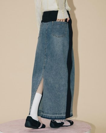 A｜顯瘦異材質拼接水洗牛仔長裙(兩色)