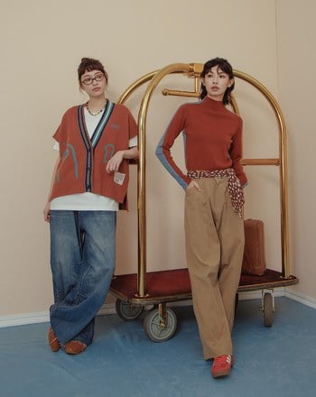 不對稱口袋顯瘦剪接廓型褲(附造型絲巾)(兩色)