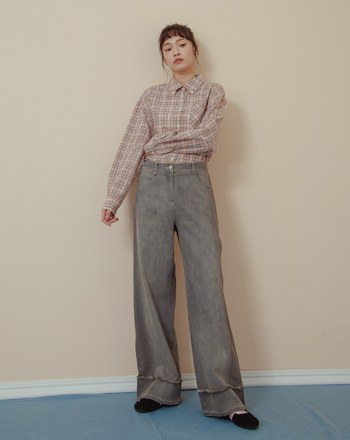 ◢shadow修容雙色拼接牛仔寬褲(兩色)