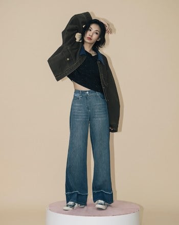 ◢shadow修容雙色拼接牛仔寬褲(兩色)