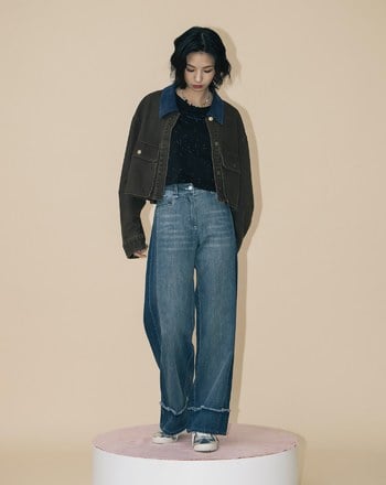 ◢shadow修容雙色拼接牛仔寬褲(兩色)