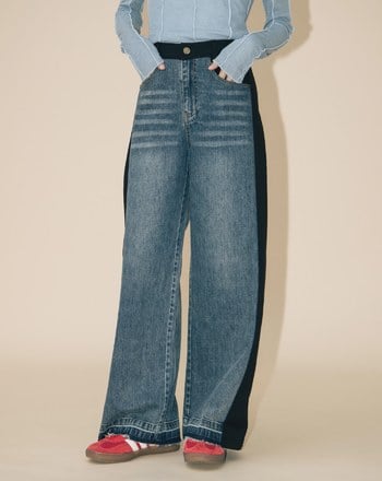 A｜好比例異材質拼接水洗牛仔寬褲(兩色)