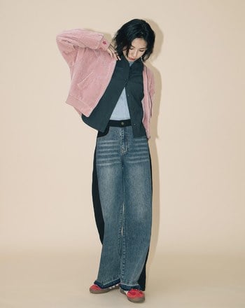 A｜好比例異材質拼接水洗牛仔寬褲(兩色)