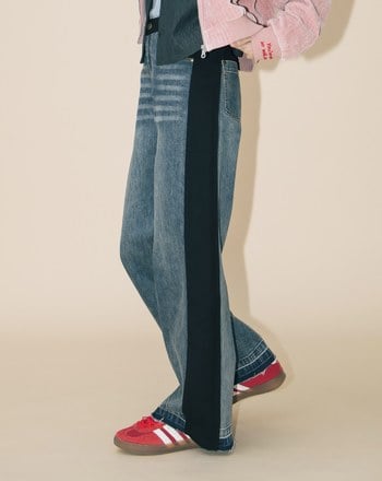 A｜好比例異材質拼接水洗牛仔寬褲(兩色)