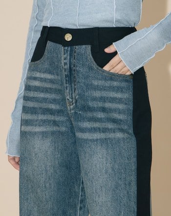 A｜好比例異材質拼接水洗牛仔寬褲(兩色)