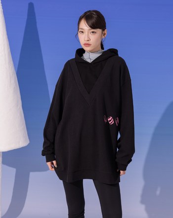 異材質假兩件V領長版連帽上衣(兩色)