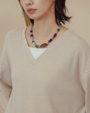 坑條假兩件造型V領落肩上衣(兩色)