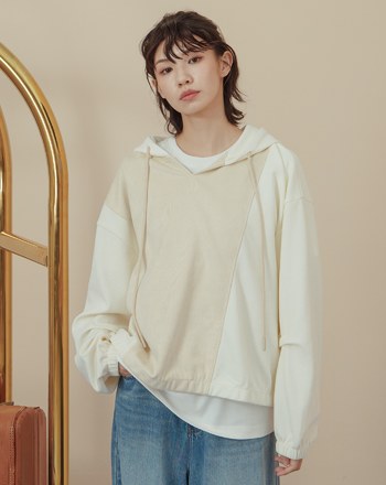 異材質配色拼接V領帽T(兩色)