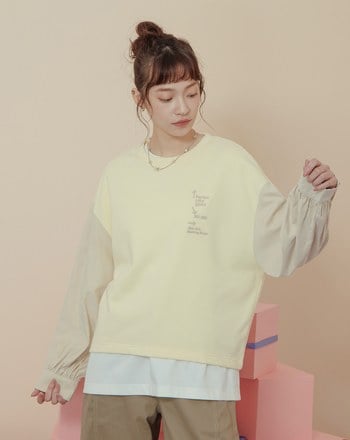 異材質拼接襯衫袖造型落肩上衣(兩色)